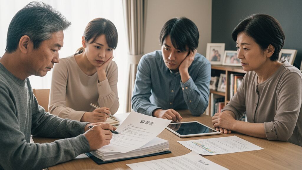 テーブルの上に置かれた遺言書や契約書などの書類を、真剣かつ冷静な表情で確認している60代の男性と家族。相続トラブルへの法的対策。