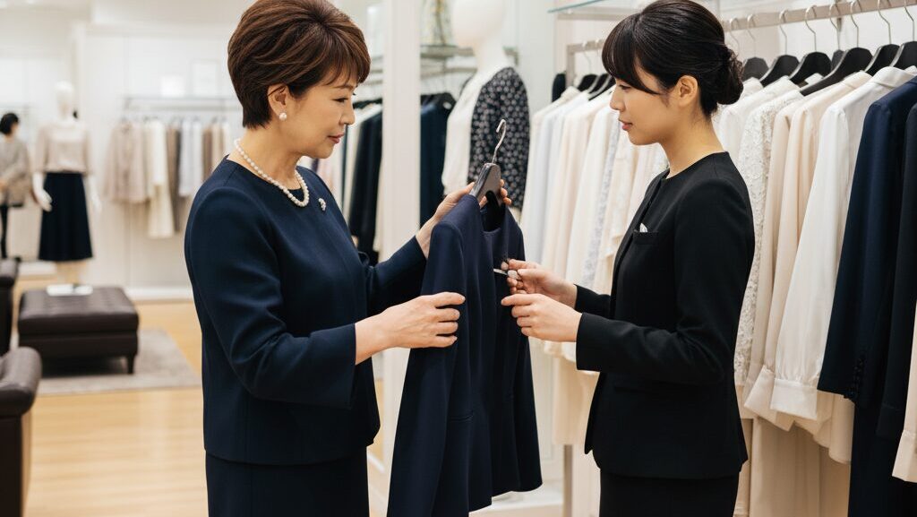 デパートのミセスフロアで店員に相談しながら服を選ぶ60代女性