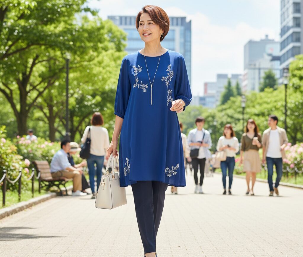 お腹周りを体型カバーするAラインのチュニックを着た60代女性