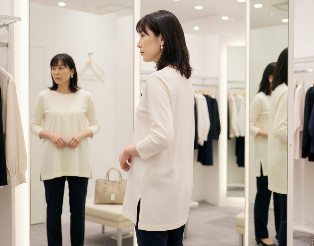 60代女性が店舗の試着室で服のサイズ感を確認している様子