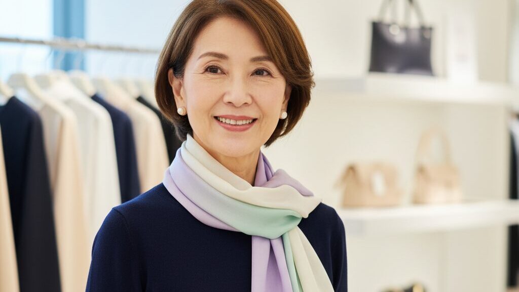 顔映りが良くなる明るい色のスカーフを巻いた60代女性