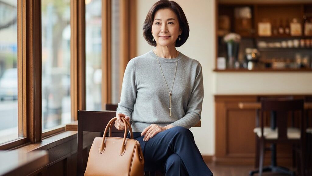 普段着にネックレスと上質なバッグを合わせた60代のおしゃれ