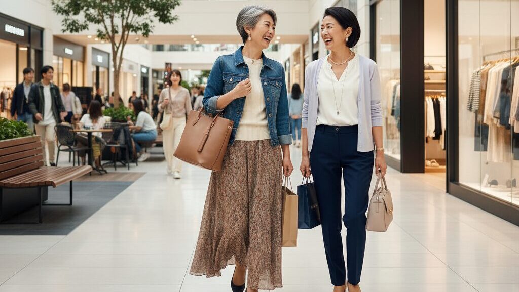 ショッピングモールで買い物を楽しむ60代の女性の友人二人