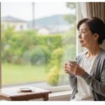 60代未亡人の恋愛について窓辺で静かに思いを巡らせる日本人女性
