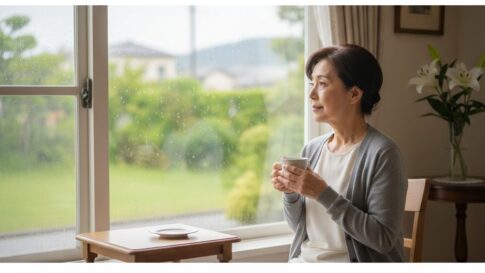 60代未亡人の恋愛について窓辺で静かに思いを巡らせる日本人女性