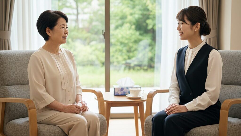 60代女性がグリーフケアの専門家である日本人カウンセラーと安心した様子で話す場面