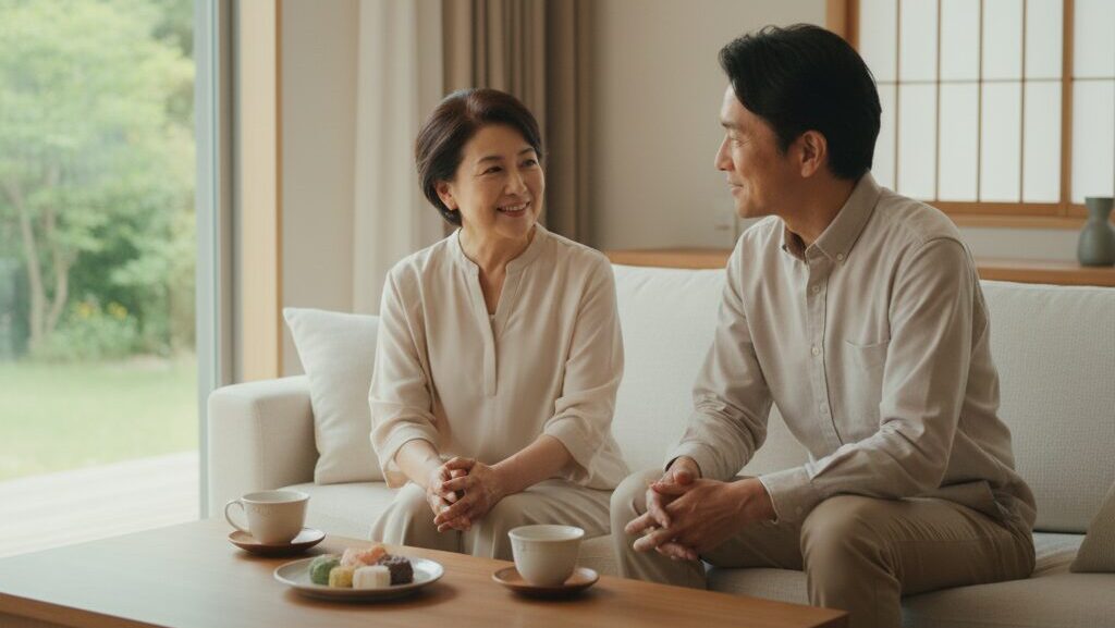 60代の日本人女性がリビングで成人した息子とお茶を飲みながら穏やかに会話する様子