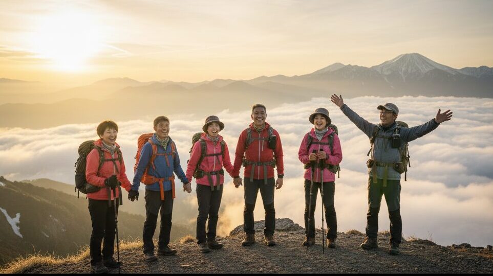 60代の日本人シニアグループが趣味の絵画サークルで和気あいあいと活動する様子