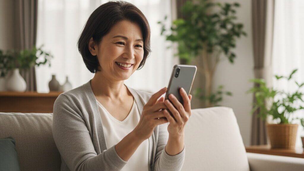 60代の日本人女性が自宅のソファでスマートフォンを操作し、笑顔で画面を見ている様子