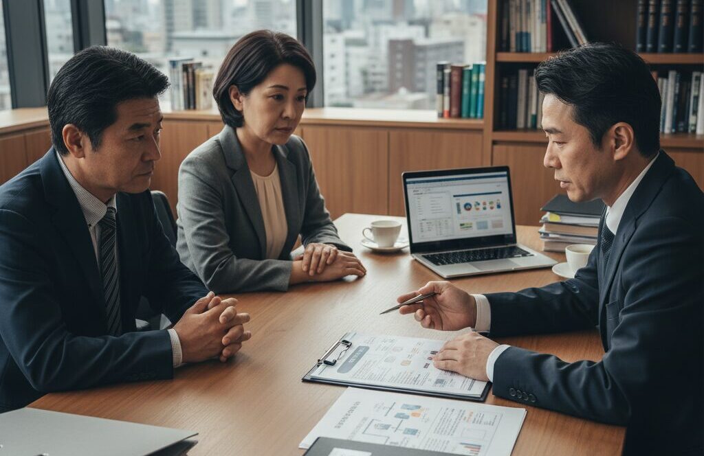 60代の日本人カップルが家族信託や遺言書について司法書士と真剣に話し合う場面