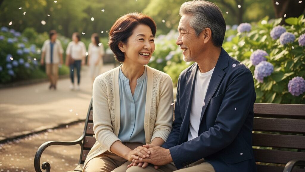 60代の日本人カップルが公園のベンチに座り、日差しの中で幸せそうに談笑している