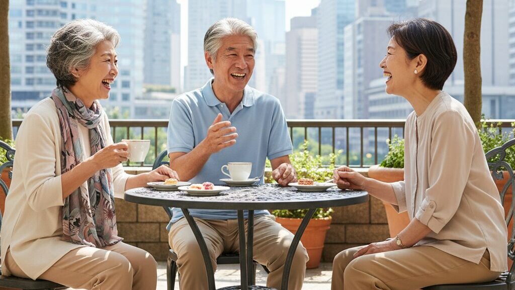 カフェのテラス席で楽しそうにお茶を飲みながら会話する60代くらいの日本人男女グループ。奥には都会のビル群が見える