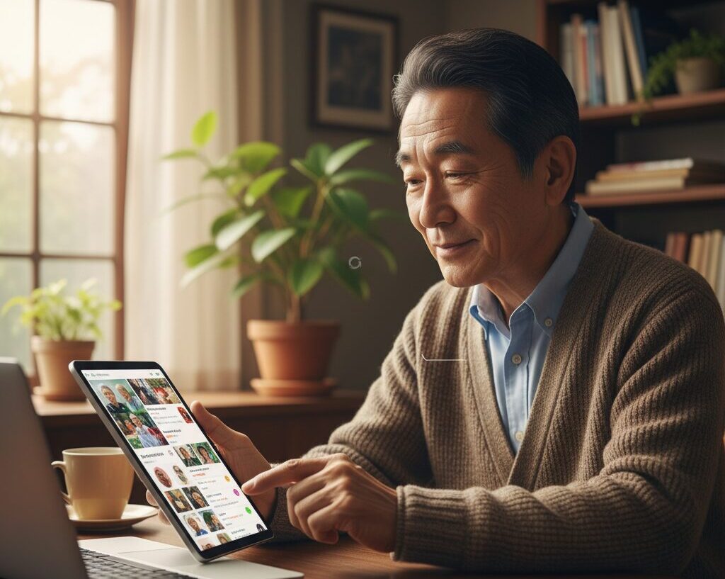 穏やかな表情でタブレットやノートパソコンを操作している60代の日本人男性