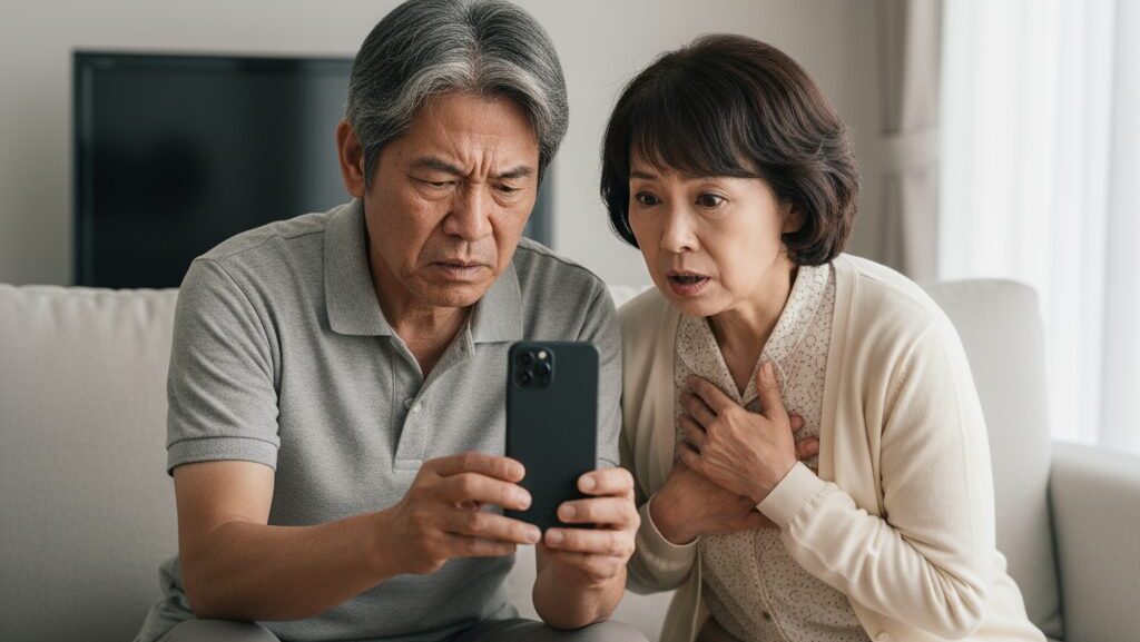 自宅のソファに座り、スマートフォンに表示されたSNSの投稿を深刻な表情で妻に見せる60代の日本人男性