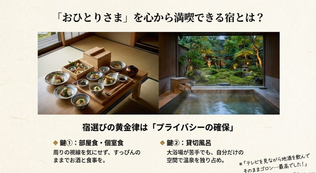60代ひとり旅の宿選び 部屋食と貸切風呂でプライバシーを確保