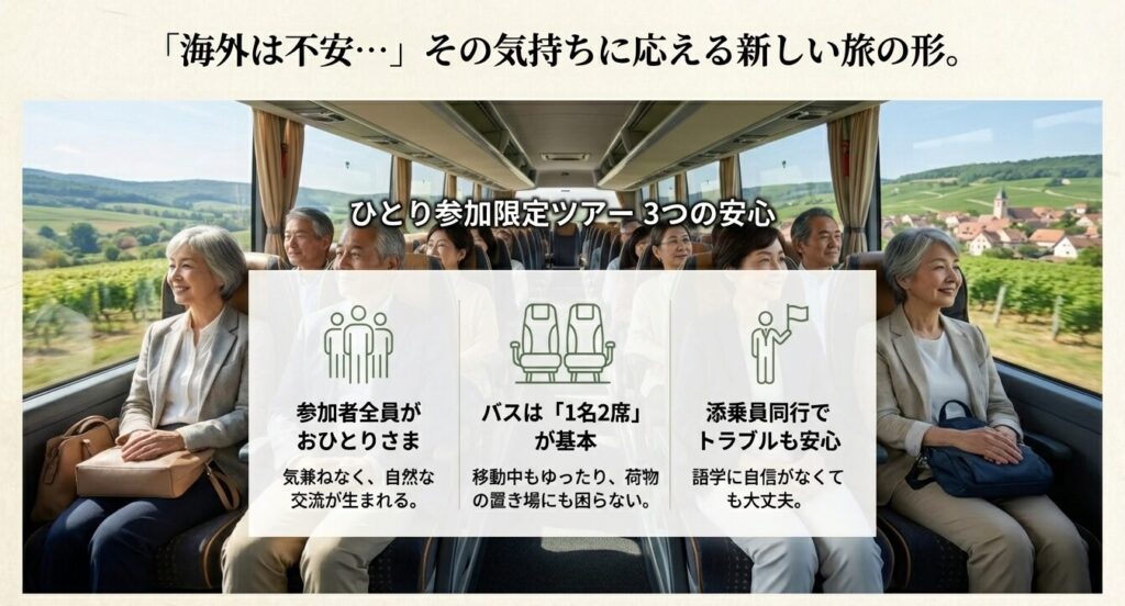 ひとり参加限定ツアー3つの安心ポイント 1名2席・添乗員同行
