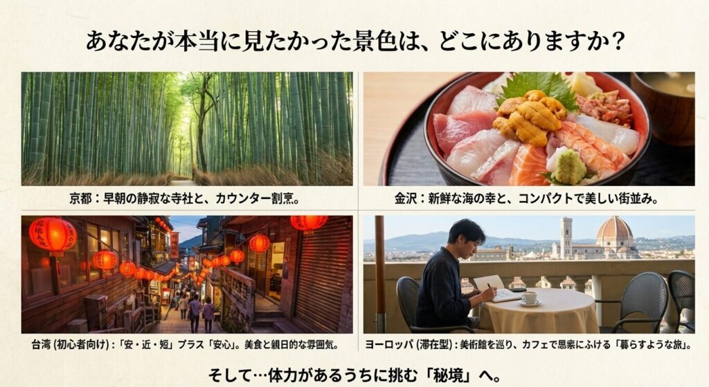 60代ひとり旅におすすめの行き先 京都・金沢・台湾・欧州