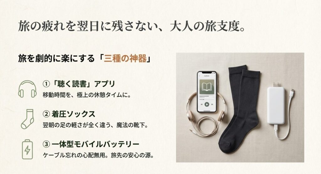 旅を快適にする三種の神器 オーディオブック・着圧ソックス・バッテリー