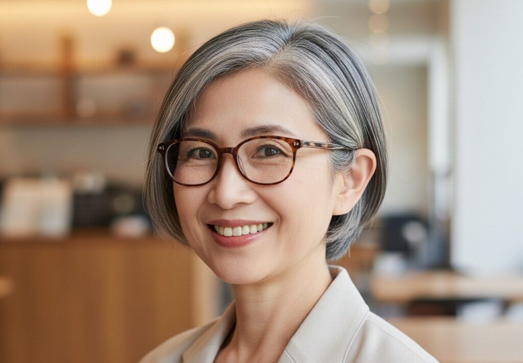 60代の日本人女性がツーブロックのショートヘアで眼鏡を快適に着用している様子。耳周りがすっきりしており、機能性と洗練された印象を両立させている。