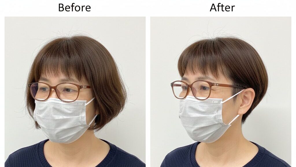 耳周りの髪が厚い状態と、ツーブロックで内側を短く刈り上げ、眼鏡のつるとマスクの紐がスムーズに収まっている状態を比較した図。耳への負担軽減と快適さを示唆