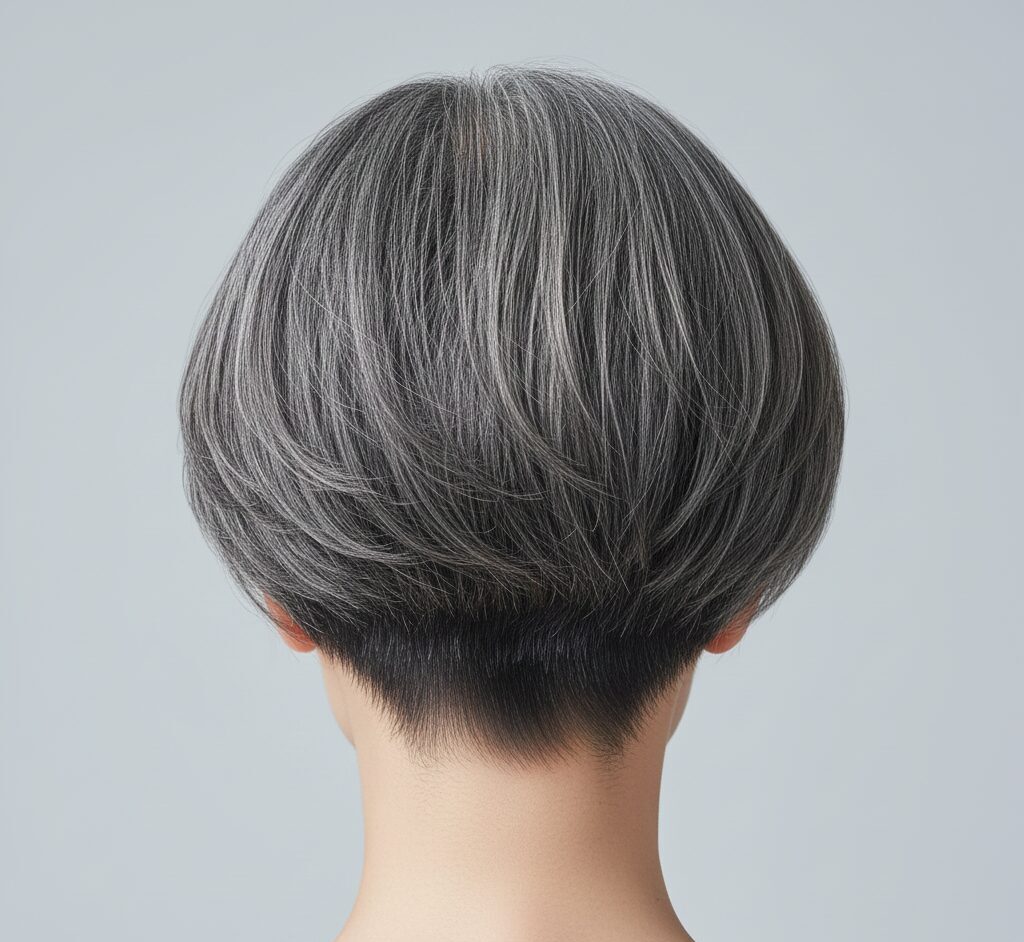 襟足の内側をツーブロックでタイトに処理し、後頭部に丸みのある美しいグラデーションシルエットを形成したショートヘアの後ろ姿。首元がすっきりとして若々しい印象