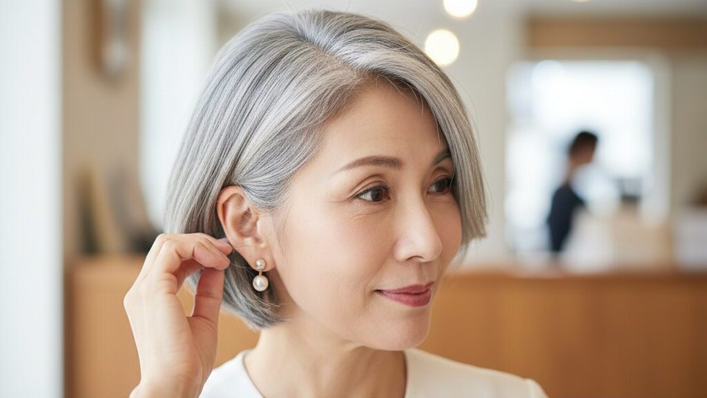 髪を耳にかけた際に、もみあげ部分の隠れたツーブロックがわずかに見える、清潔感のある上品なショートボブスタイルの日本人女性。大人の「隠しツーブロック」のイメージ。