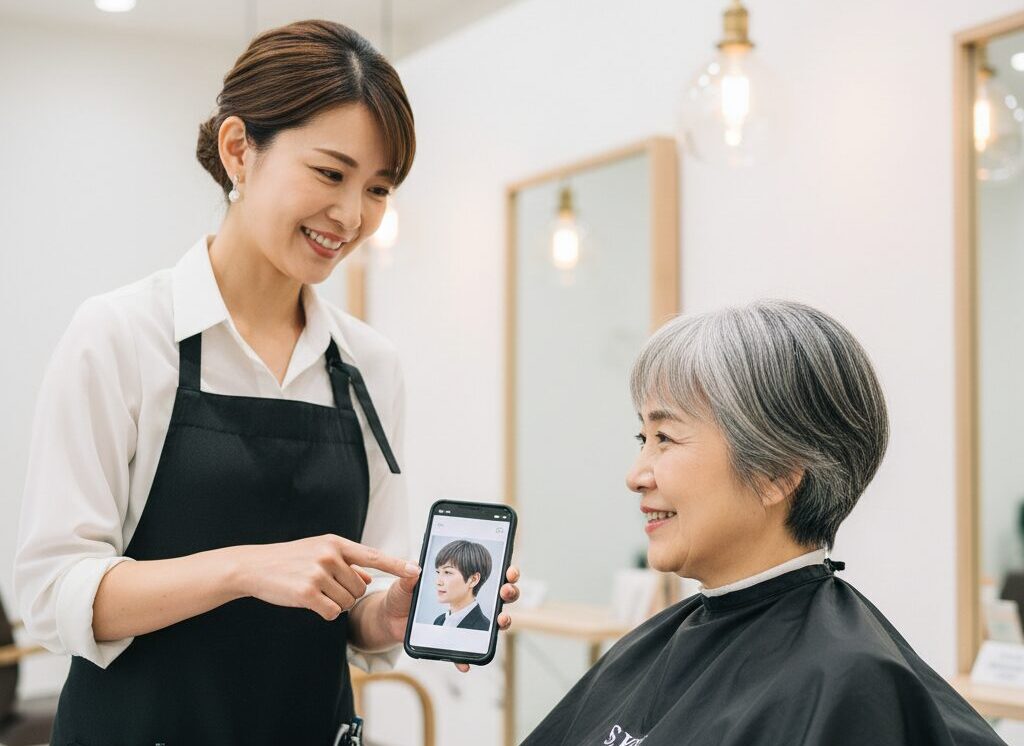 美容室で、60代の日本人女性がスタイルの参考画像をスマートフォンで美容師に見せ、具体的なイメージを共有しながら丁寧に相談している様子