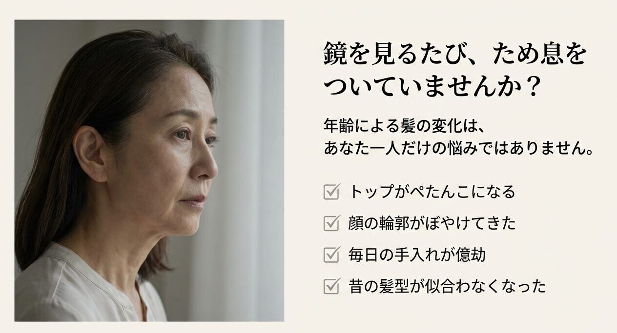鏡を見てため息をつく60代女性と、トップがぺたんこになる、顔の輪郭がぼやけるといった髪の悩みチェックリスト