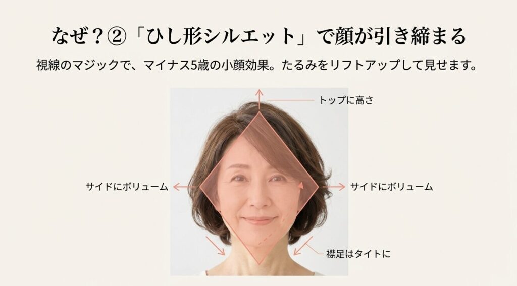 マイナス5歳の小顔効果を生むひし形シルエットの解説図。トップの高さ、サイドのボリューム、タイトな襟足のバランス