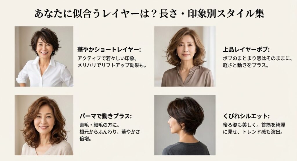 華やかショートレイヤー、上品レイヤーボブ、パーマスタイル、くびれシルエットの4つの髪型写真まとめ