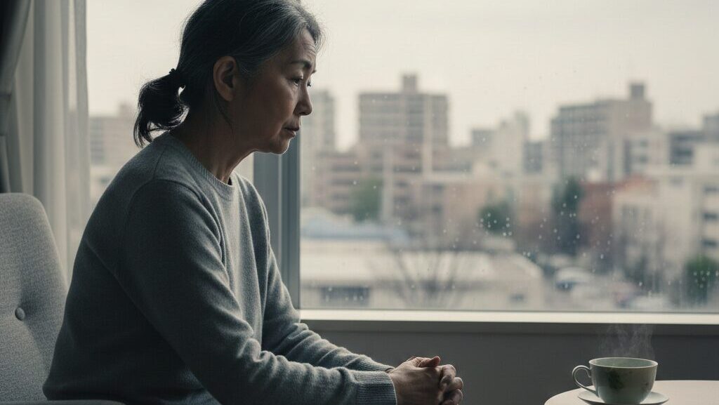 60代の日本人女性が窓の外を眺めながら、定年後の漠然とした将来への不安や孤独を感じている様子。