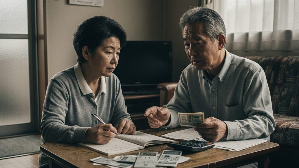 日本人の高齢夫婦が家計簿と通帳を見ながら、年金生活における経済的な不安や老後資金の不足について話し合っている様子。