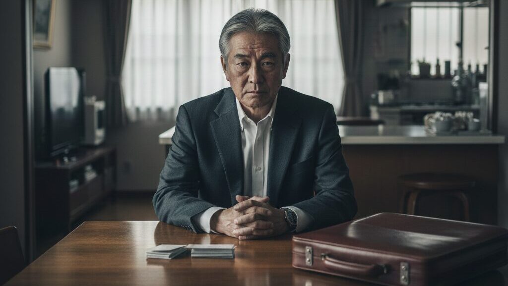 定年退職したばかりの日本人男性が、仕事の役割を失い、自宅で喪失感やアイデンティティクライシス（自己喪失）を抱えている様子