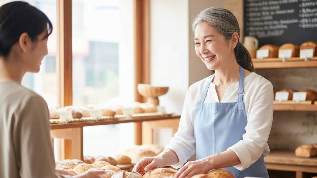 60代の日本人女性が生きがいと収入を得るために、パートタイマーとして短時間の仕事に前向きに取り組んでいる様子