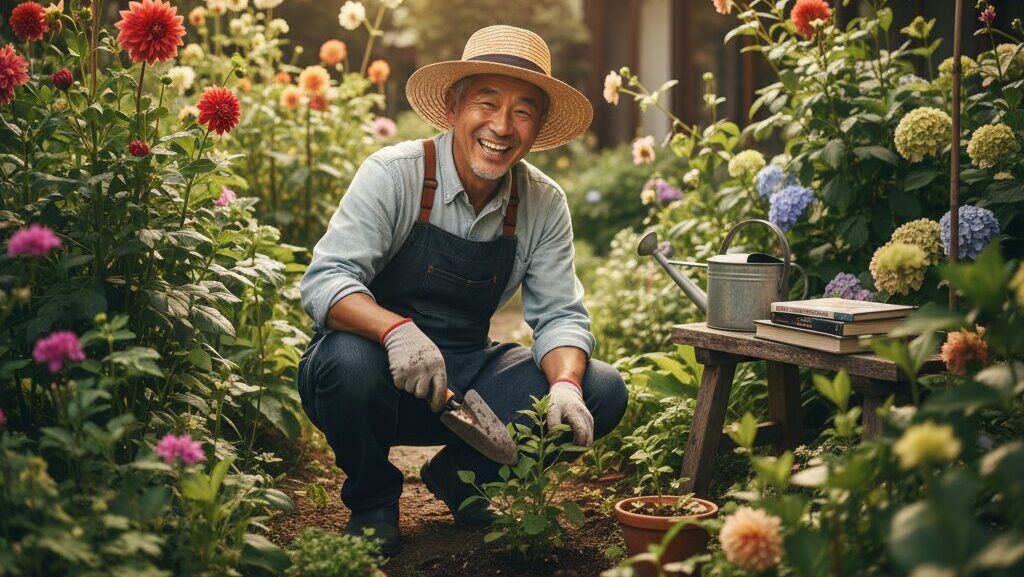 60代のシニアが、お金をかけずに庭で盆栽や園芸などの創造的な趣味に没頭し、生活にハリと心の満足感を得ている様子。
