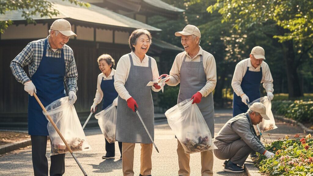 地域の清掃ボランティア活動に参加している複数の日本人シニアが、社会貢献を通じて生きがいや自己肯定感を高めている様子