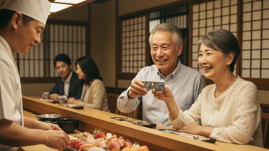 日本人の高齢夫婦が、将来への過度な節約ではなく、今を大切にする「イマ活」として、美味しい食事や旅行の経験を楽しんでいる様子