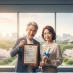 60代の日本人男女が資格証を手に持ち、自信を持って未来を見据えるイメージ。再就職と新しい働き方を象徴