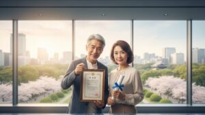 60代の日本人男女が資格証を手に持ち、自信を持って未来を見据えるイメージ。再就職と新しい働き方を象徴