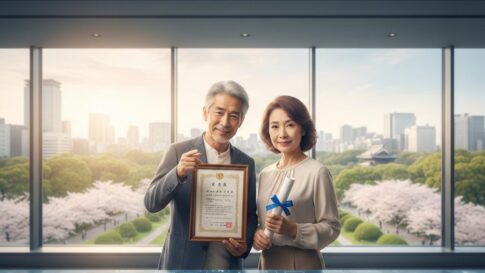60代の日本人男女が資格証を手に持ち、自信を持って未来を見据えるイメージ。再就職と新しい働き方を象徴