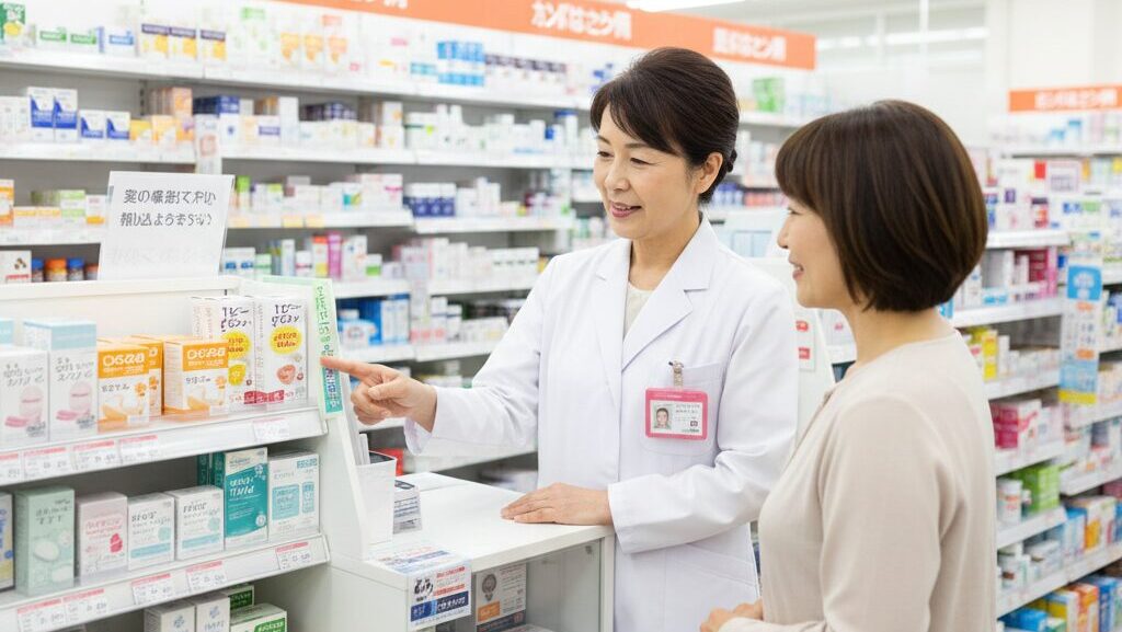 ドラッグストアのカウンターで白衣を着た60代の日本人女性（登録販売者）がお客様に親切にアドバイスする様子