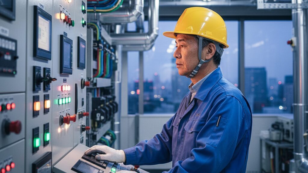 作業服とヘルメットを着用した60代の日本人男性が、オフィスビルの設備管理室で計器盤を点検している様子