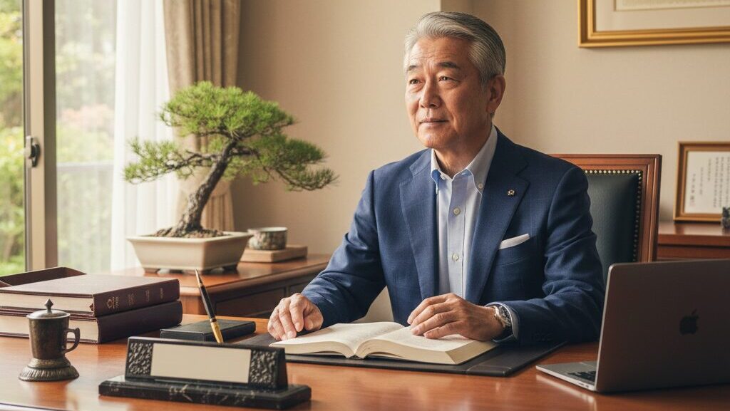 自宅の一室にあるプロフェッショナルな机に座り、独立開業をイメージさせる60代の日本人男性の士業イメージ