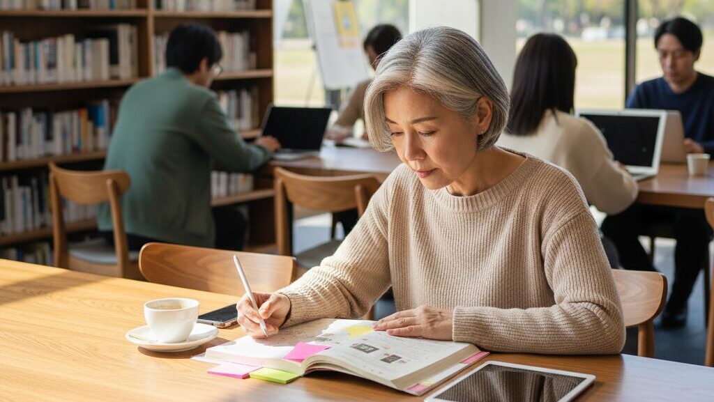 図書館やカフェで、集中して資格試験のテキストを開いている60代の日本人学習者。効率的な独学を表現