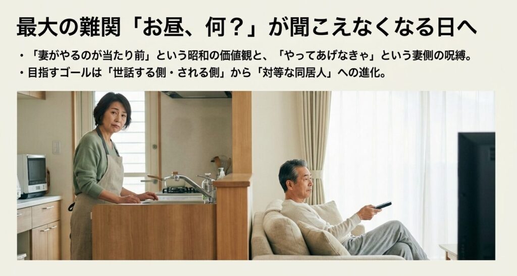 リビングでくつろぐ夫とキッチンで忙しい妻の対比。お昼ご飯問題の解決と対等な同居人への進化