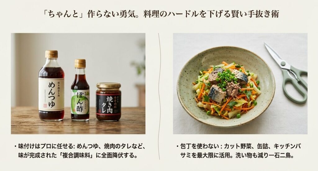 めんつゆや焼肉のタレなどの複合調味料と、キッチンバサミを活用した包丁いらずの賢い手抜き料理術