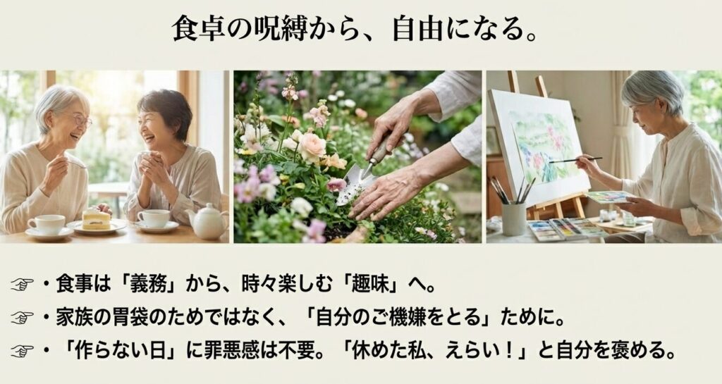 食卓の呪縛から解放され、食事作りを義務から趣味へ変えるマインドセット。自分の機嫌をとる大切さ