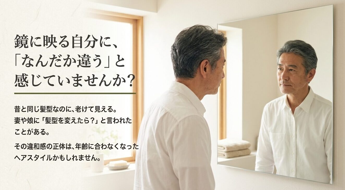 鏡を見て髪型の違和感に気づく60代男性と、家族からの指摘についてのイラスト