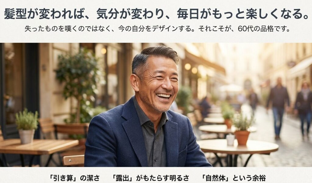 理想の髪型を手に入れて笑顔になる60代男性と人生を楽しむためのメッセージ