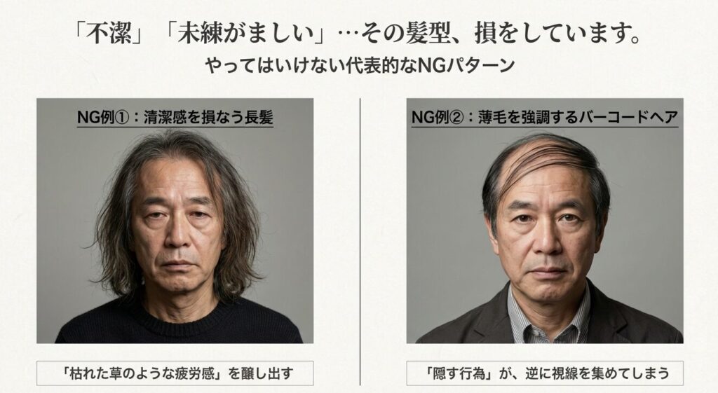60代男性のNG髪型例：清潔感のない長髪と薄毛を強調するバーコードヘアの写真